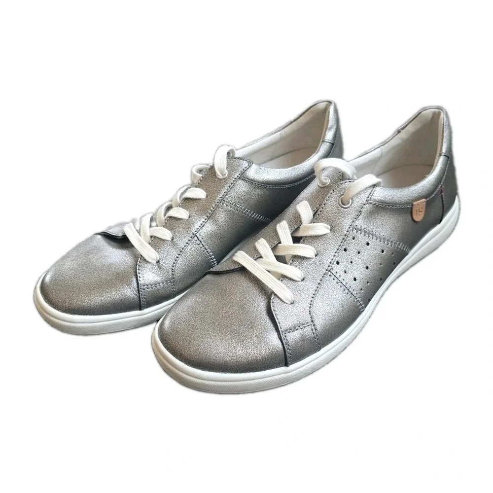 Josef Seibel Caron Metallic Silver Leather Comfort Lace Up Sneakers EU 41 US 10